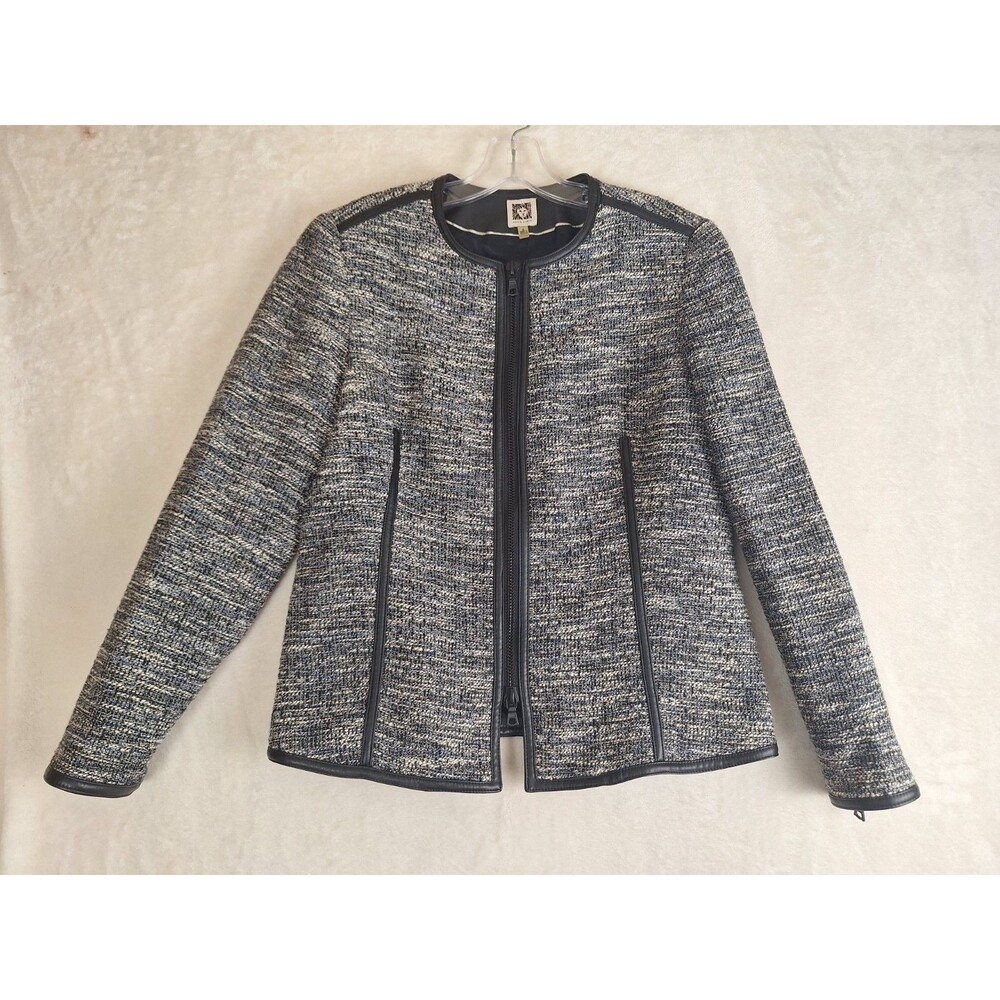 Anne Klein Womens 8 Blazer Zipper Front Tweed Blue Black Lined Faux Leather Trim